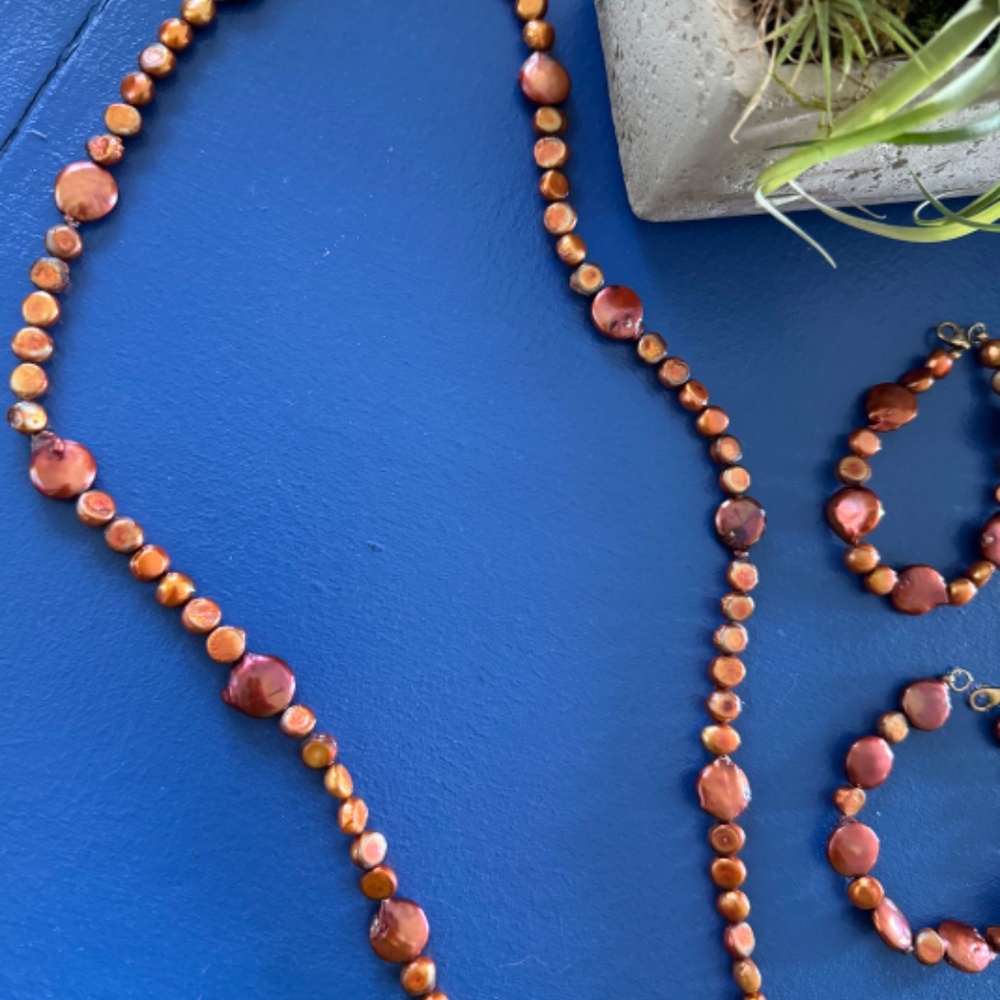 Copper-Toned Freshwater Pearl Necklace and Bracelet Set—3 pieces total